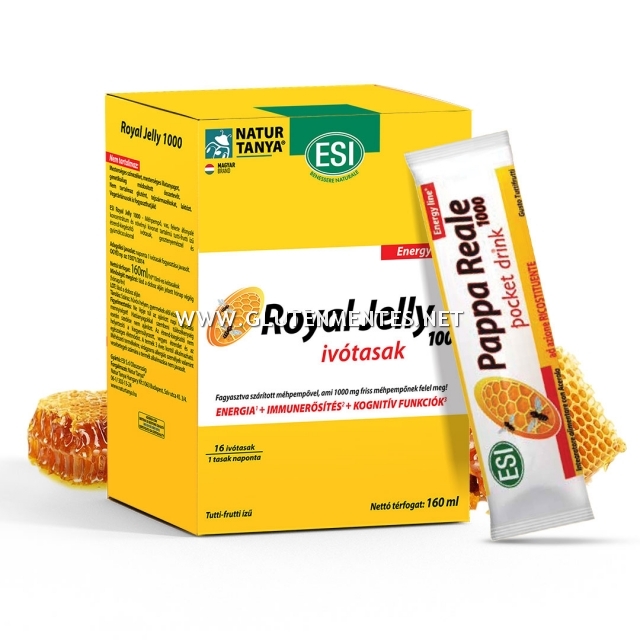 Natur Tanya® ESI® - Royal Jelly - 1000 mg friss MÉHPEMPŐ folyékony ivótasakban gesztenye méz, fekete áfonyabogyó, virágpor, acerola 16 db ivótasak